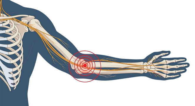 Medical illustration showing the skeletal and nervous system of a human arm with a red focal point of pain on the elbow.