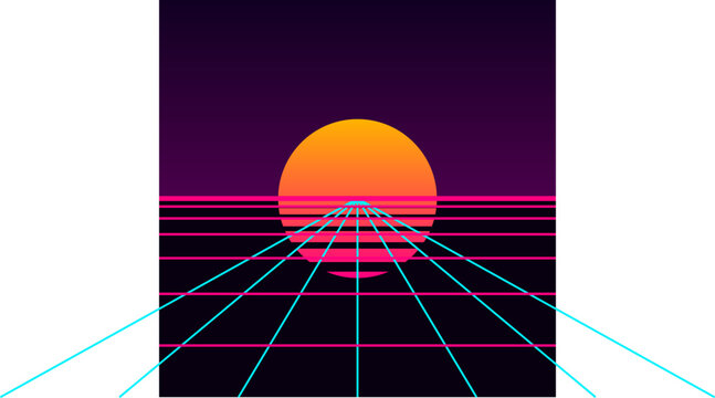 Retro synthwave neon sun with perspective grid on black background
