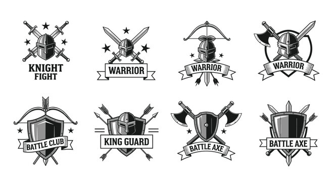 Collection of black and white warrior and knight battle emblems featuring helmets, shields, swords, and axes.