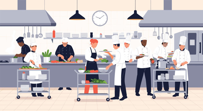 Busy professional kitchen interior with many chefs in uniform preparing food, cooking, and plating dishes together.
