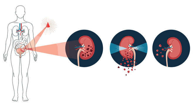 Infographic showing the process of kidney stone fragmentation using laser lithotripsy inside a human body anatomical model.
