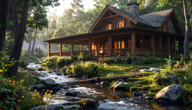 Cabin home riverside scenery