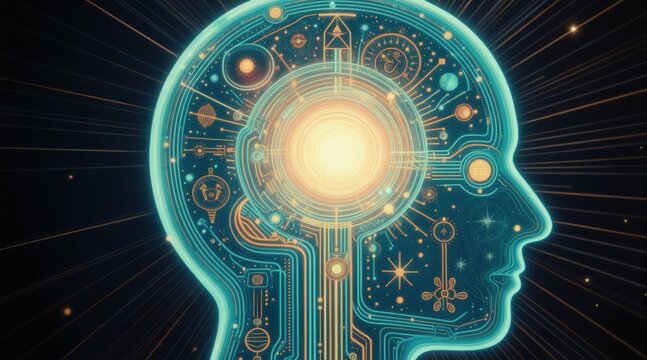 Abstract human head silhouette shows complex neural network connections. Digital illustration represents thoughts emotions and brain function. Futuristic cyber mind interface with glowing circuits.