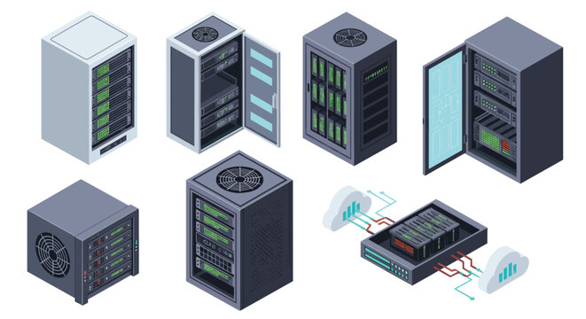 Collection of isometric server racks and data storage units representing cloud computing and network infrastructure concepts.