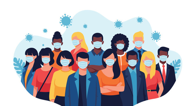 Large group of diverse people wearing protective medical masks to prevent the spread of viral infections and diseases.