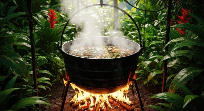 A large black iron cauldron sits over a crackling fire in a dense tropical jungle, thick steam rising from the bubbling dark herbal brew, plants, brew, spiritual
