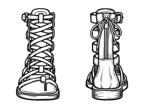 Gladiator sandals front back view line art vector illustration. Technical sketch  