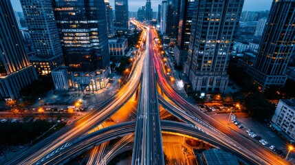 Obraz premium City traffic light trails over urban interchange at night