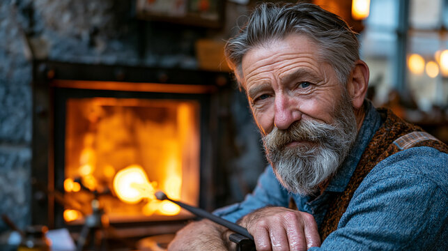 Elderly glassblower at twilight blue hour, molten silica glowing amber inside a Victorian-era furnace, sweat-sheened forearms gripping iron blowpipe, industrial heritage workshop, perfect for artisa