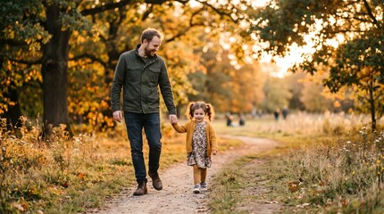 Fototapeta premium Father and Daughter Walking in Autumn Park Together.