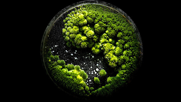 A petri dish microcosm. Bright green organic matter blooms, set against a dark, contrasting backdrop, mimicking a globe