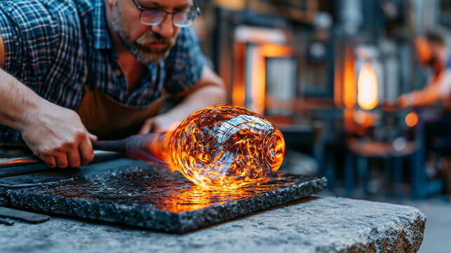 Glass blowing production worker rolling a molten parison on a marver plate, reflected orange light on industrial concrete floor, colleagues at adjacent furnaces forming shapes, ideal for glass studi