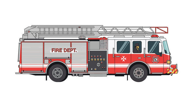Detailed side view illustration of a classic red and white fire engine truck with a long extendable ladder on top.