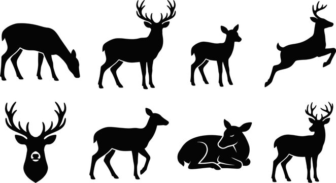 Eight deer silhouettes in various poses on white background vector graphic