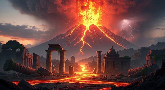 A massive volcanic eruption spews glowing lava and thick ash over the crumbling stone pillars and abandoned temples of a lost ancient city, explosive, red, danger