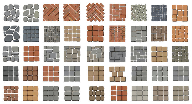 Collection of various paving stone patterns and textures in different shapes sizes and natural earth tones.