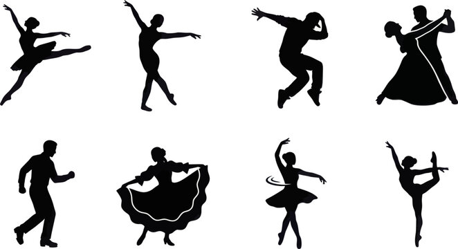 Eight dancers in various poses performing ballet movements together on stage