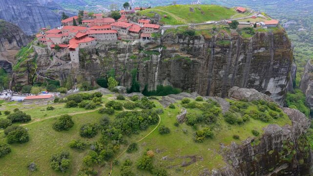 Aerial Video of Great Meteoron Monastery and the Pindus Mountains in Kalabaka, Greece. 