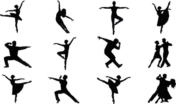 Various dance poses depicted in silhouette vector illustrations of people