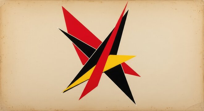 A minimalist avant-garde painting showcasing sharp geometric forms and clean lines in red, black, and yellow on a neutral aged canvas base, background, yellow, oil
