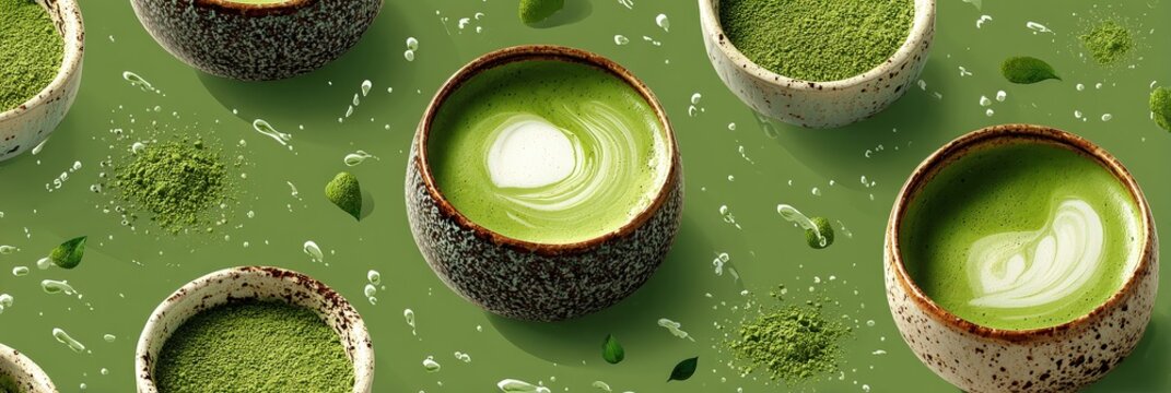 Green Matcha Tea Bowls on Table