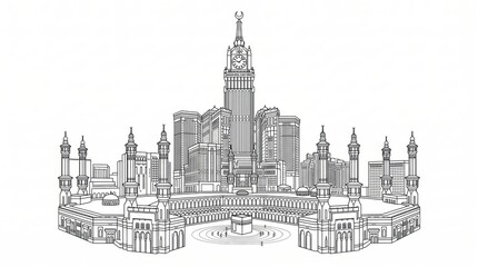 Fototapeta premium Symmetric Wide View Architectural Engraving Style Sketch of Makkah Skyline