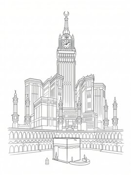 Detailed Line Art Architecture Sketch of Abraj Al Bait Clock Tower and Kaaba