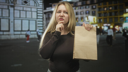 Fototapeta premium Blonde woman holding paper bag, finger on chin while presenting package in street at night; doubt uncertainty.