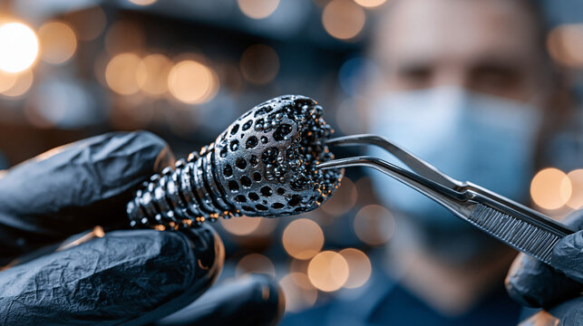 3D printed titanium dental implant emerging under post-processing bead blasting, close-up of porous osseointegration surface, white lab environment, gloved technician holding with forceps, ideal for