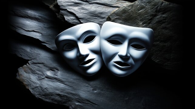 Bold theatrical scene with two masks placed on a dark stone background showcasing performance and expression from the art of acting