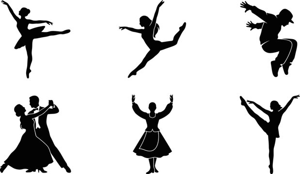 Dancers perform various ballet poses in a studio setting with vector graphics