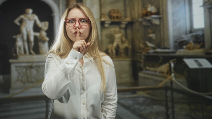 Fototapeta premium Woman wearing red glasses and white shirt with finger to lips for silence and pointing at camera among marble statues and rope barrier in museum; quiet hush respect.