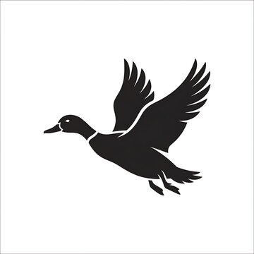 Black silhouette of flying duck in vector line art style