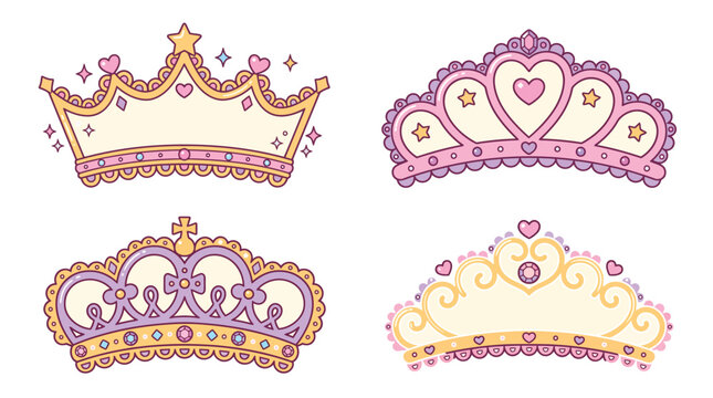 Four colorful cartoon tiaras with hearts and stars Vector, illustration