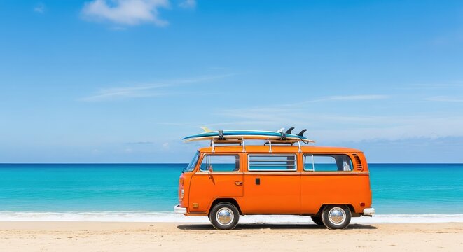 A retro orange camper van with surfboards on its roof racks parked on a sunny beach, overlooking clear turquoise ocean water and soft sand, vehicle, ocean, freedom