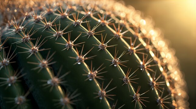 Close up of green cactus spines with morning dew droplets in golden sunlight nature detail concept