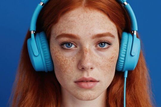 Young redhead girl with freckles wears blue headphones. She looks at camera with blue eyes. Concept of youth music and fashion, enjoying sound. Teenager listens to audio.
