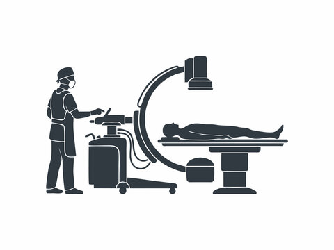 C-Arm Fluoroscopy Machine with Surgeon and Patient in Operating Room Silhouette