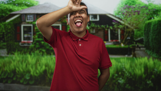 Hispanic man wearing red polo shirt showing tongue and making l sign on forehead at building entrance; playful mischief.