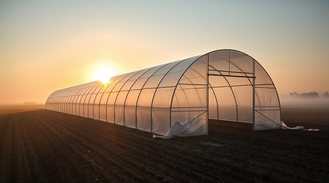Translucent greenhouse tunnel glowing in golden sunrise light on misty farmland sustainable agriculture concept