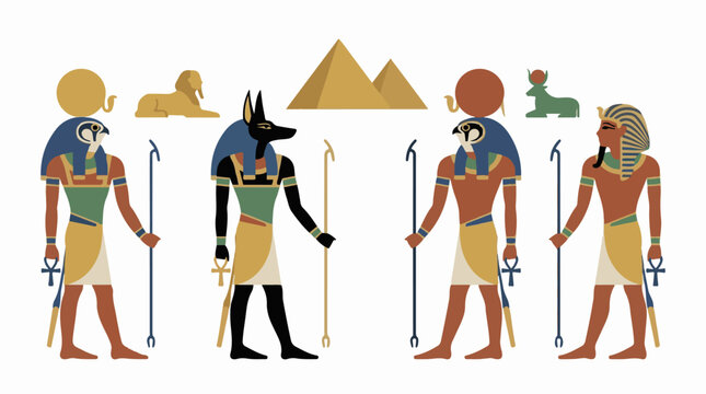 Ancient Egyptian deities and symbols, including pyramids and sphinx