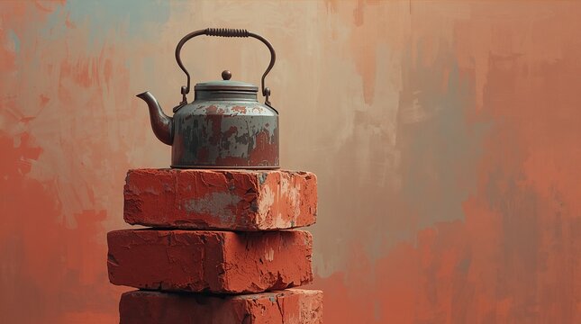 Vintage weathered kettle on stacked red bricks with textured background for rustic lifestyle concept