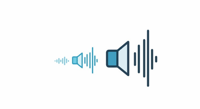 Two abstract sound wave icons, small to large, blue and teal