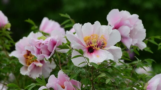 Close up macro video of peon flower under the rain slow motion 4k