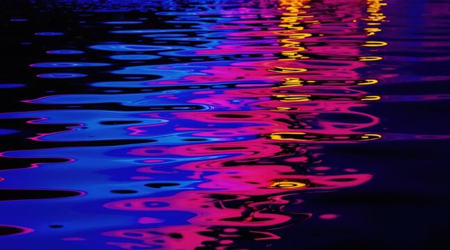 Dark water surface reflects abstract neon shapes. Bright pink blue yellow lights ripple and distort on liquid. Modern, glossy texture creates depth and mystery.