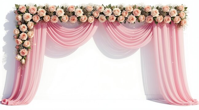 Soft pink drapes and roses form elegant archway. Delicate baby breath flowers add touch of charm. White twinkle lights create dreamy atmosphere. Perfect for wedding ceremonies or romantic events.