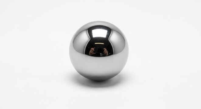 A shiny steel ball bearing sits perfectly centered on a seamless white background, showcasing precision engineering and industrial metal parts, shiny, motion, polished