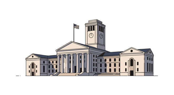 Tall clock tower building with pillars, flag, and shadowed windows