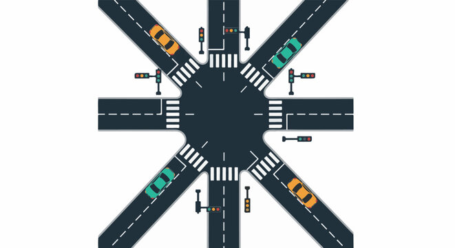 Busy road intersection with cars, traffic lights, and crosswalks on white background