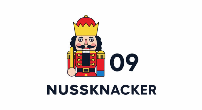 Illustrated nutcracker character with a crown and number nine